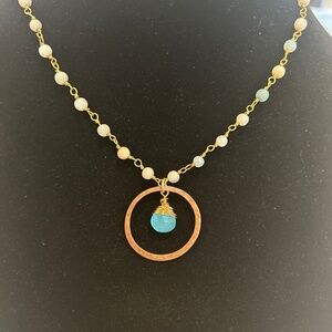 Hand Hammered Bronze Pendant Necklace Chalcedony and Amazonite Stones